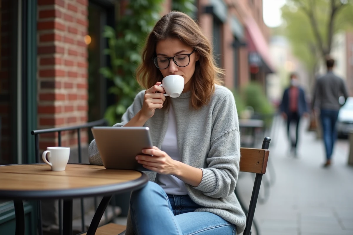 Femme assise &agrave; une table de caf&eacute; en ext&eacute;rieur utilisant une tablette