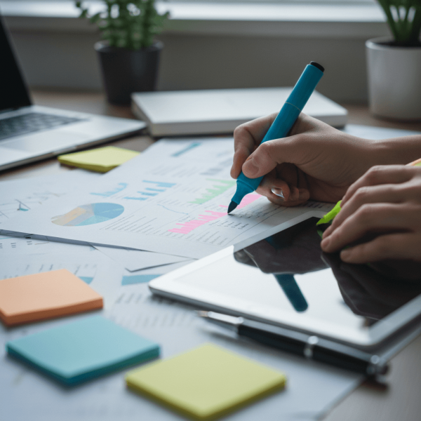 Pr&eacute;paration d'un document de brief SEO avec annotations et marqueurs color&eacute;s sur bureau de travail