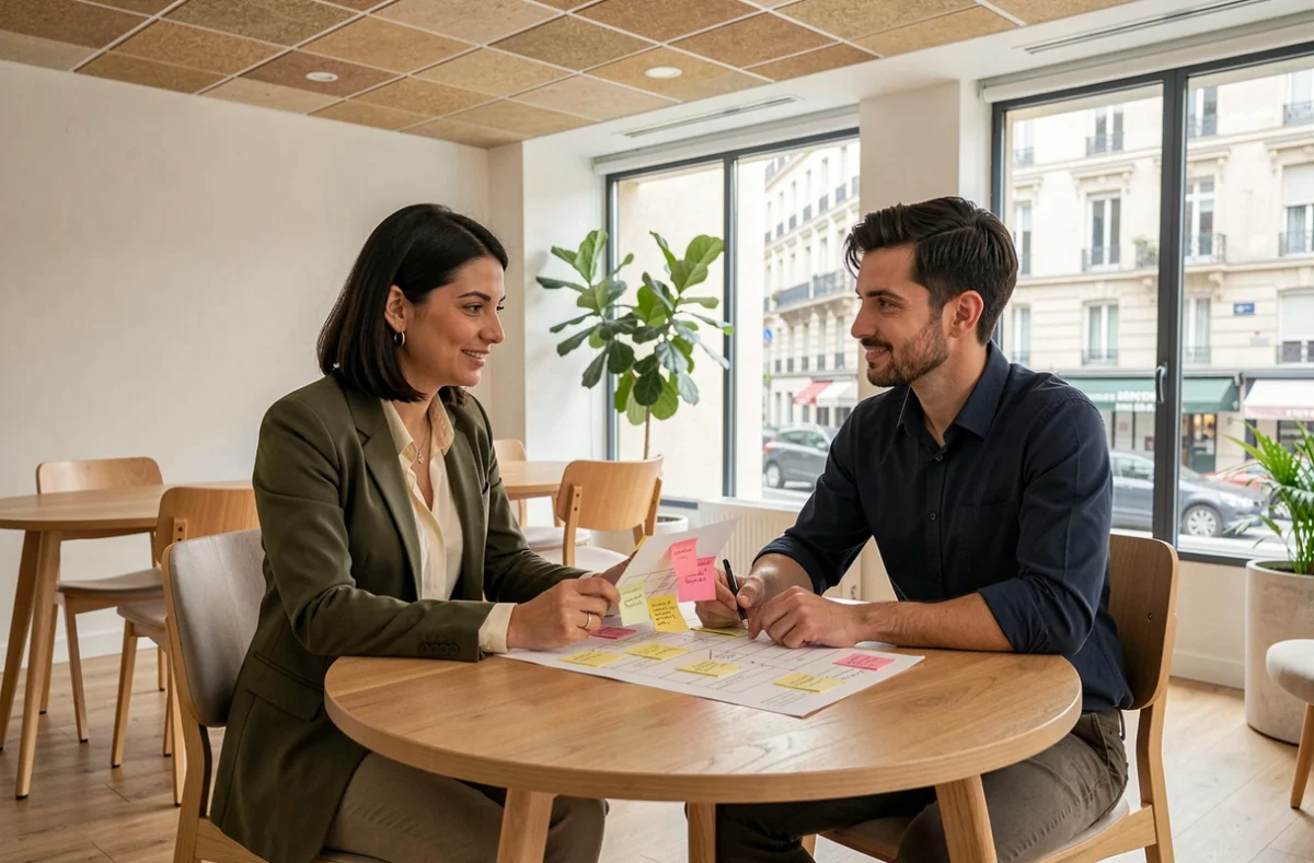 Deux consultants Actency en discussion autour d'une feuille de route projet dans un bureau moderne et lumineux à Paris