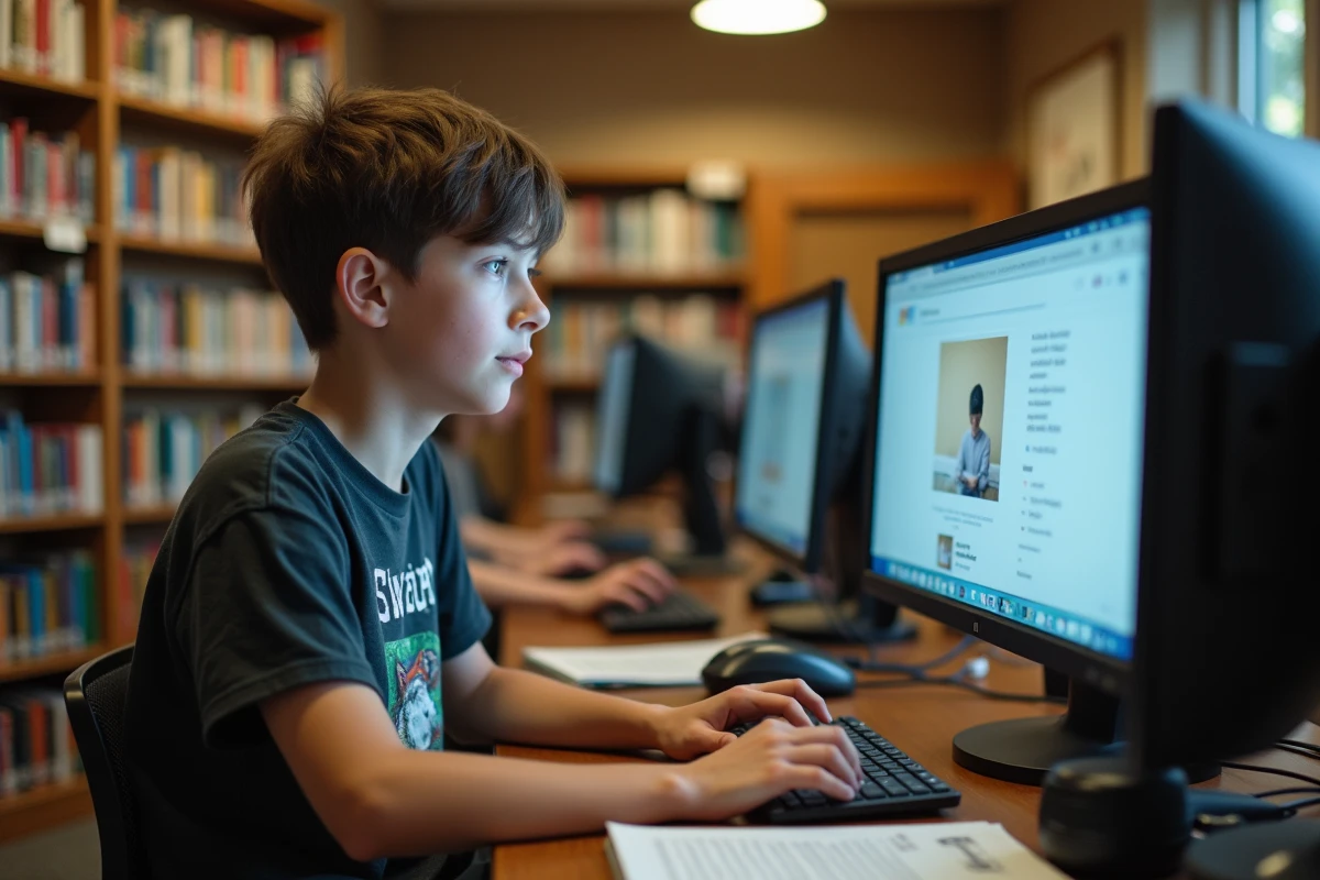 Adolescent utilise un ordinateur dans une biblioth&egrave;que