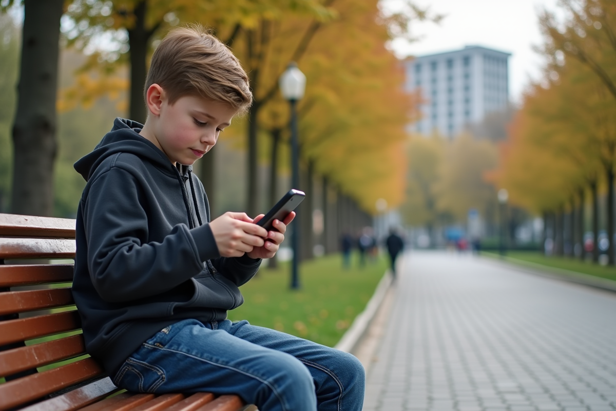 Adolescent assis sur un banc de parc regardant son smartphone