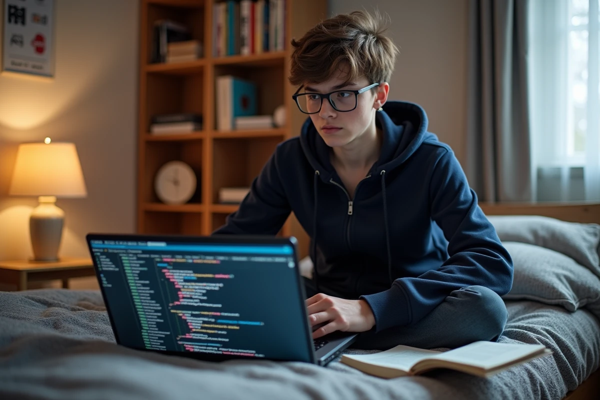 Adolescent apprenant le HTML depuis sa chambre avec un tutoriel imprimé et un éditeur de code ouvert sur laptop