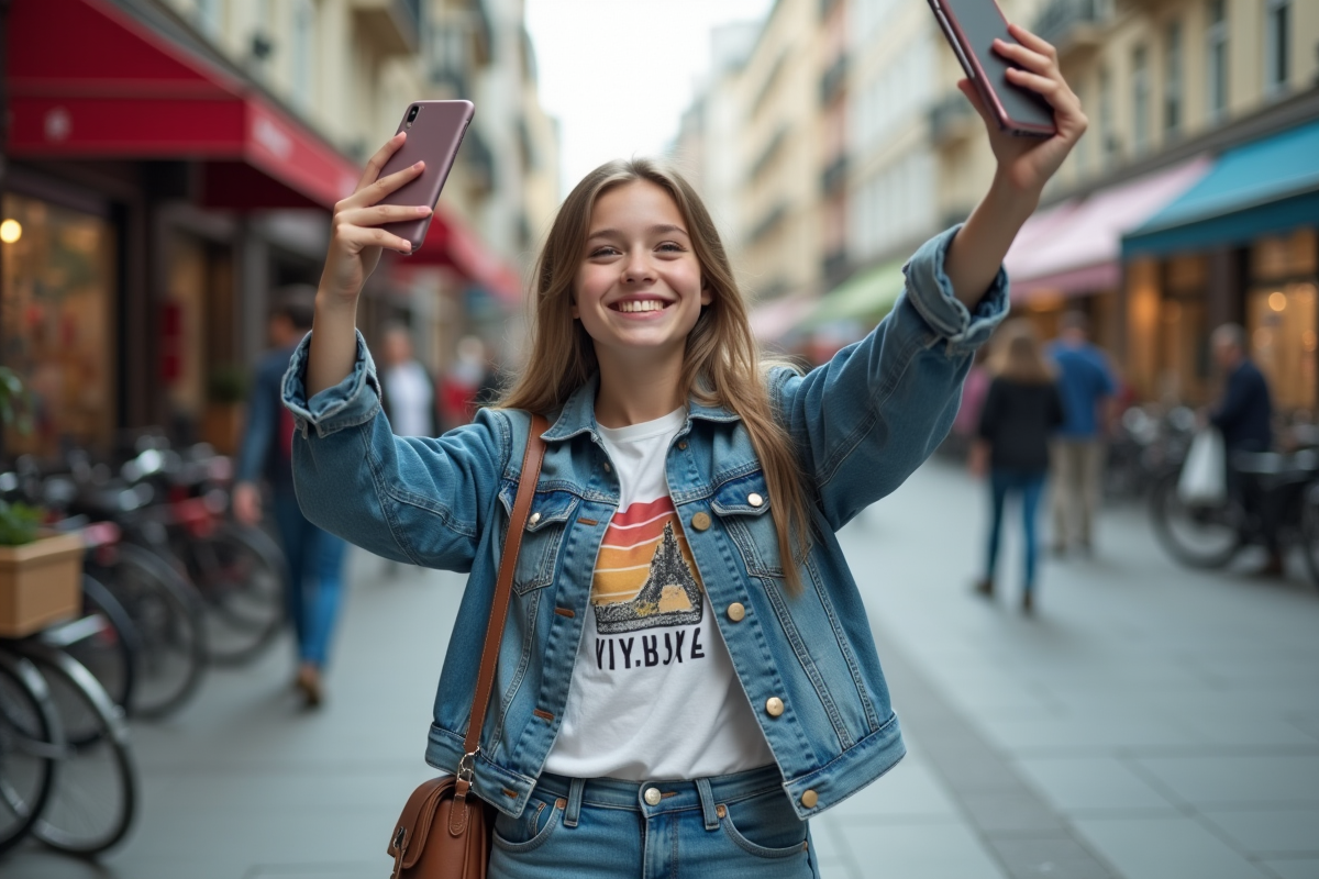 Adolescente souriante prenant un selfie en ville