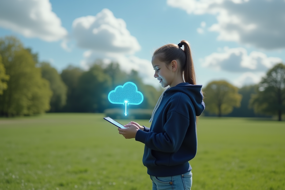 Jeune fille avec un hoodie regardant un nuage numérique sur sa tablette