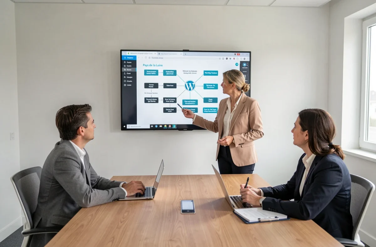 Consultante de l'agence THRIVE présentant une stratégie digitale WordPress à son équipe dans une salle de réunion moderne des Pays de la Loire