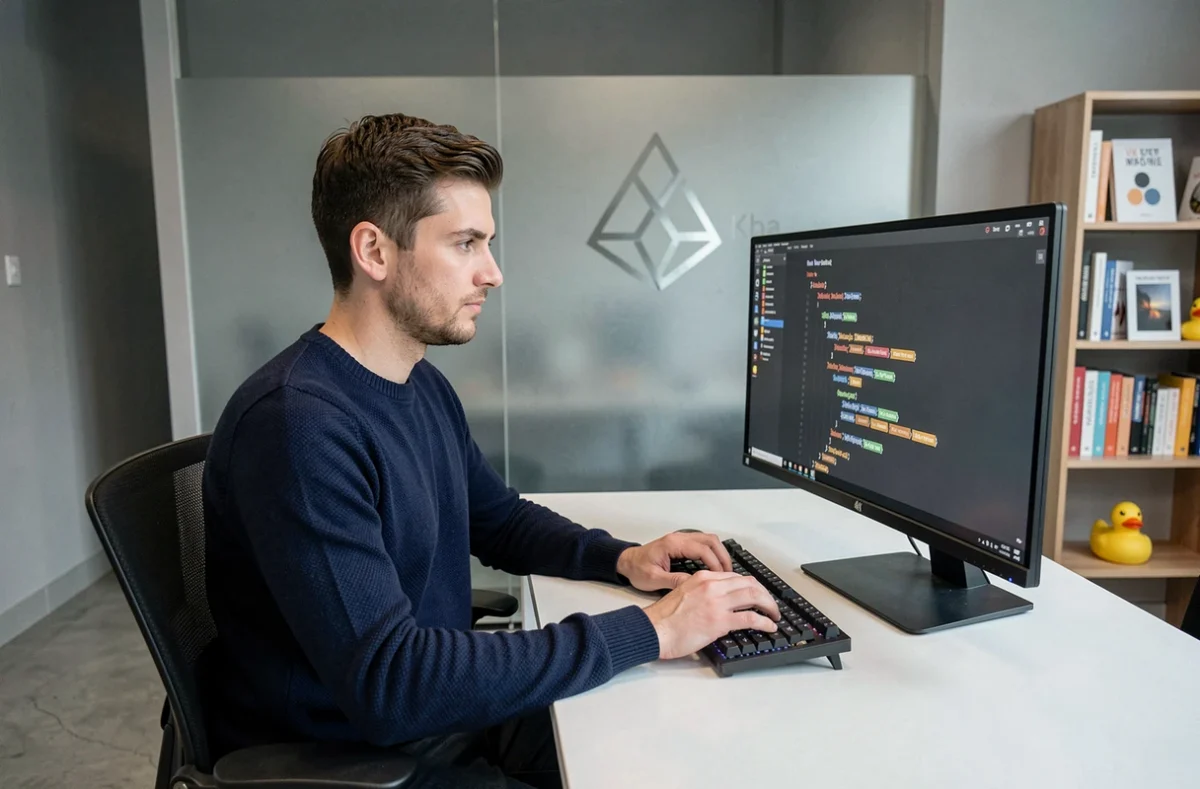 Développeur web de l'agence Weboorak concentré devant son écran dans un bureau moderne et épuré