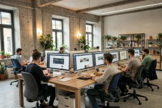 Équipe d'une agence WordPress dans les Pays de la Loire collaborant dans un bureau moderne ouvert avec des écrans affichant des sites web