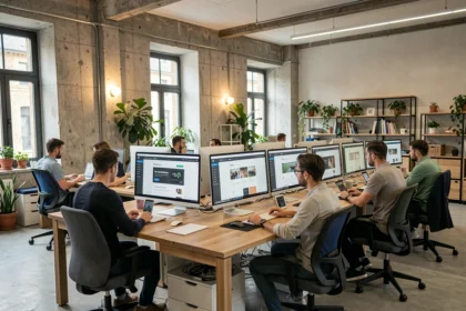 Équipe d'une agence WordPress dans les Pays de la Loire collaborant dans un bureau moderne ouvert avec des écrans affichant des sites web