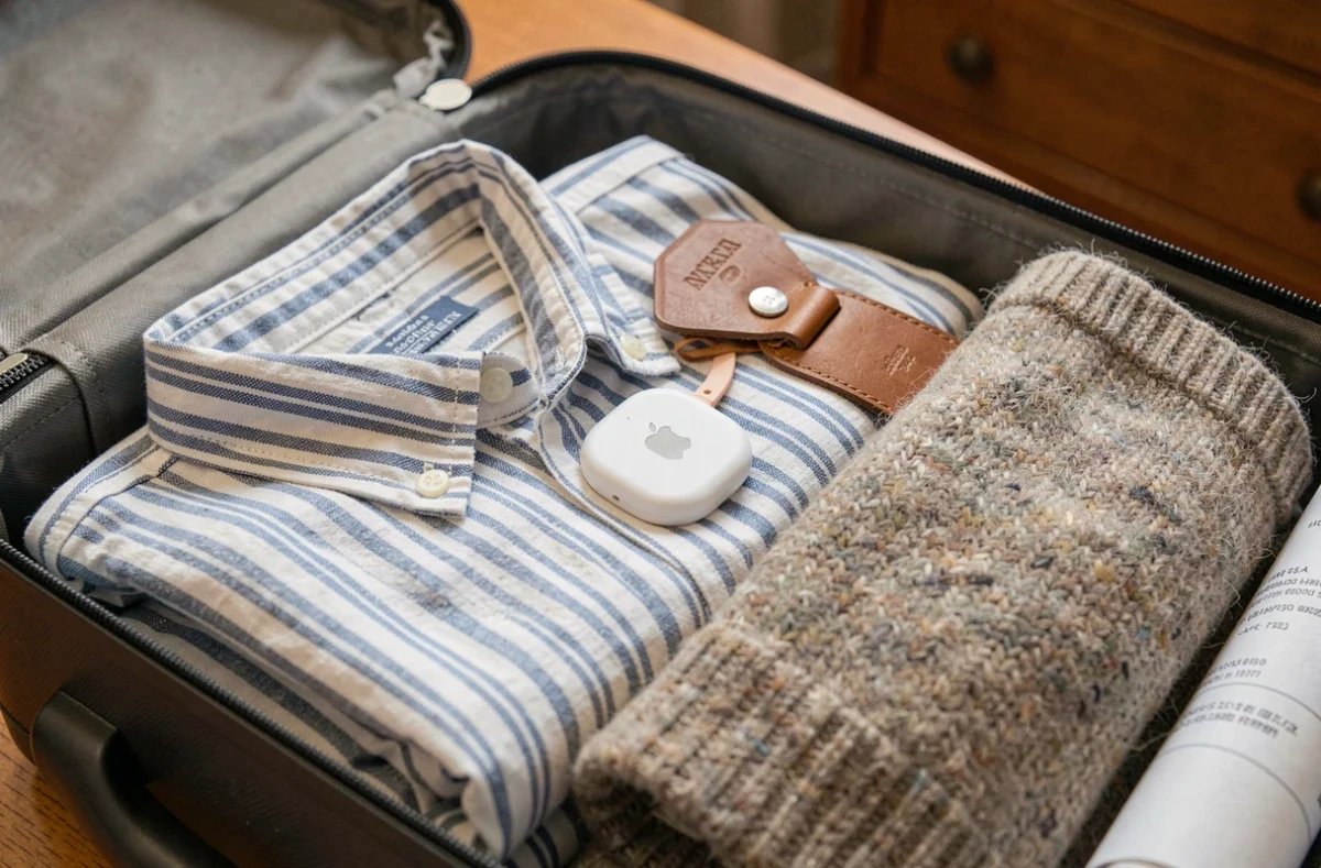 Apple AirTag placé à l'intérieur d'une valise parmi des vêtements pliés pour le voyage