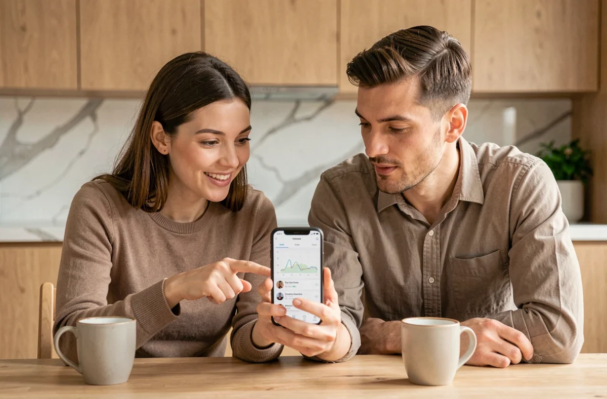 Deux amis consultant ensemble une application de suivi de séries sur un smartphone dans une cuisine moderne