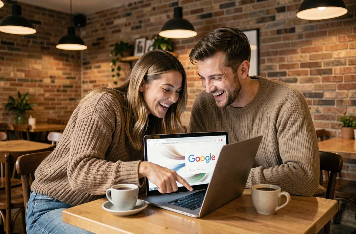 Deux amis riant ensemble en testant les easter eggs Google sur un ordinateur portable dans un café