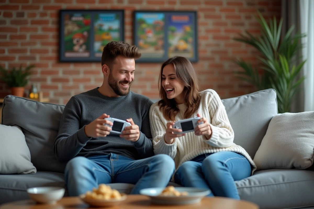 Deux amis jouant à la Game Boy Advance ensemble dans un salon avec des affiches de jeux vintage sur le mur