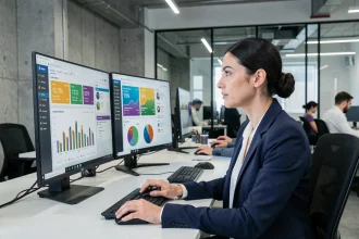 Analyste BI femme travaillant sur des tableaux de bord décisionnels dans un open space tech moderne
