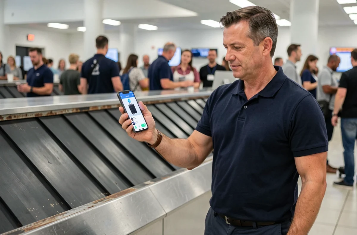 Homme consultant l'application Apple Localiser pour retrouver sa valise sur le tapis bagages
