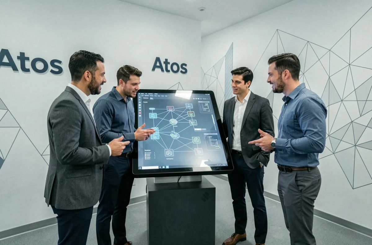 Équipe de consultants Atos réunis autour d'un écran tactile interactif dans un hub d'innovation parisien