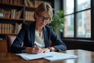 Femme avocate en costume bleu examinant des documents juridiques