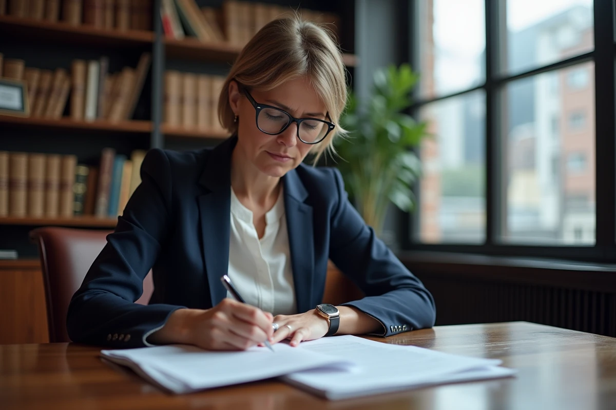 Femme avocate en costume bleu examinant des documents juridiques
