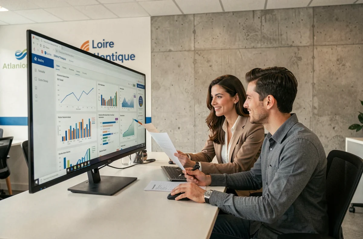 Équipe de l'agence Bellvision en Loire-Atlantique analysant des données SEO et des performances de sites web sur grand écran