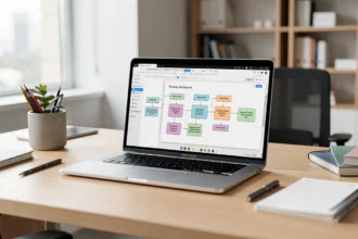 Bureau avec un ordinateur affichant un schéma de base de données