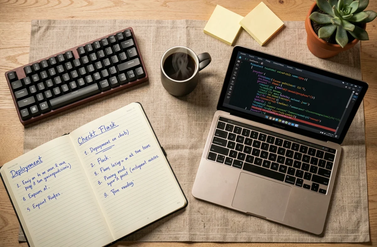 Vue aérienne d'un espace de travail développeur avec notebook de déploiement, terminal de logs Python et clavier mécanique