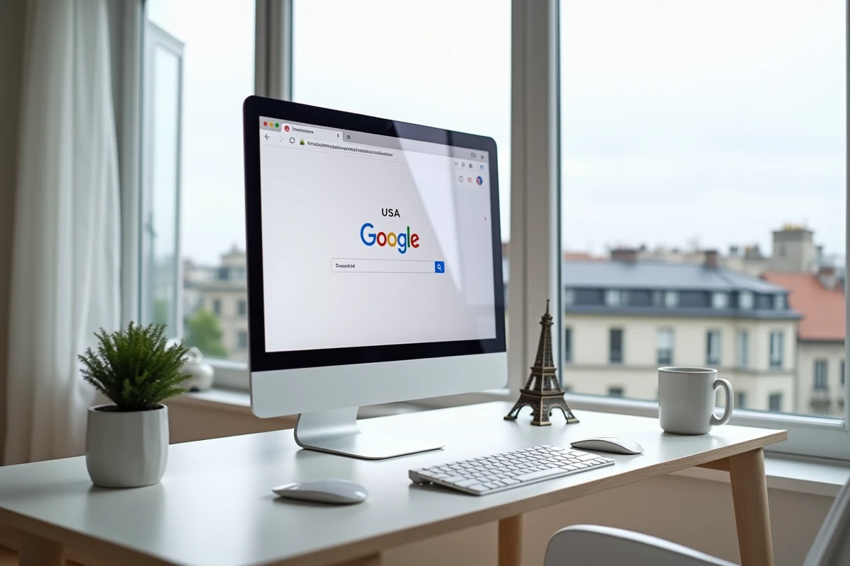 Bureau informatique avec Google USA affiché sur écran et clavier français posé à côté