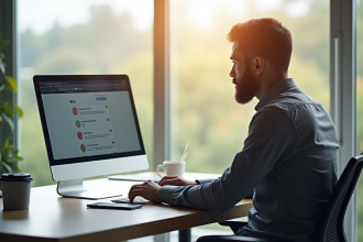 Personne au bureau regardant un ordinateur avec flux RSS