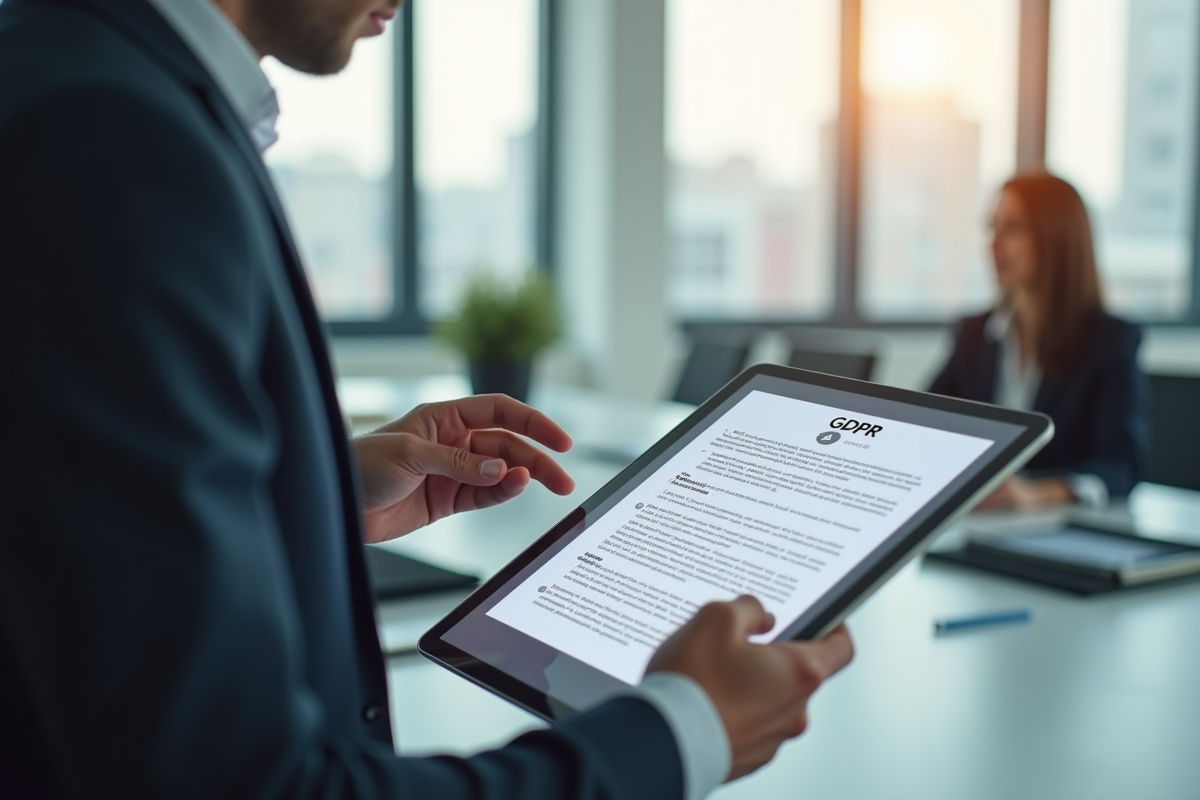 Professionnel vérifiant un document GDPR sur une tablette dans un bureau lumineux