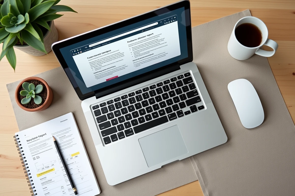 Vue de dessus d'un bureau avec un ordinateur portable comparant des pages web avec et sans popup et des notes SEO manuscrites