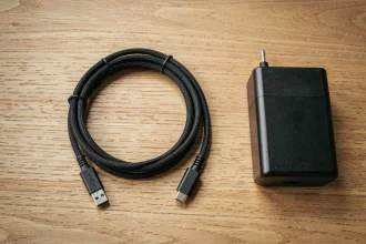 Câble USB-B vers USB-C posé à plat sur un bureau en bois avec une interface audio et un adaptateur secteur
