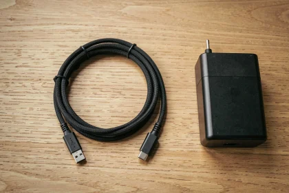 Câble USB-B vers USB-C posé à plat sur un bureau en bois avec une interface audio et un adaptateur secteur