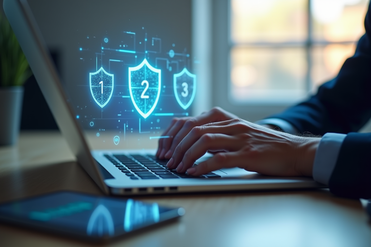 Mains tapant sur un clavier avec icônes de protection GDPR holographiques