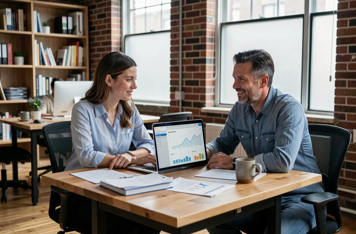 Deux collaborateurs d'une PME de services analysant ensemble des rapports de performance sur un logiciel de gestion dans un bureau moderne