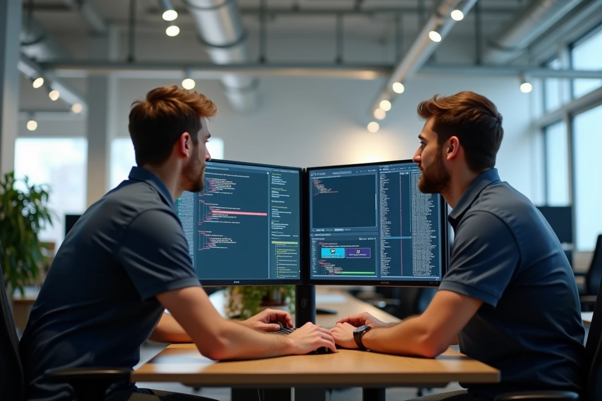Deux développeurs adultes collaborant sur la configuration de plugins pour un hébergeur serveur Minecraft gratuit dans un espace de coworking moderne