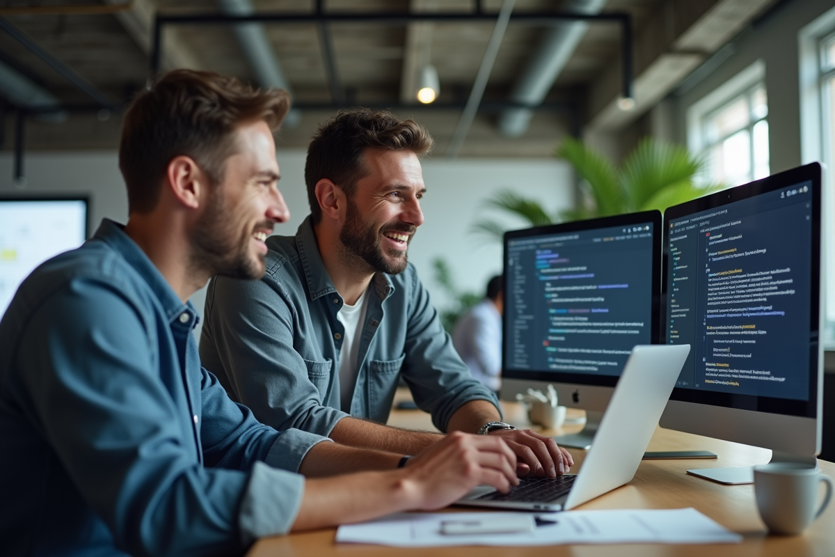 Homme dage en coworking collaborant sur une plateforme no-code