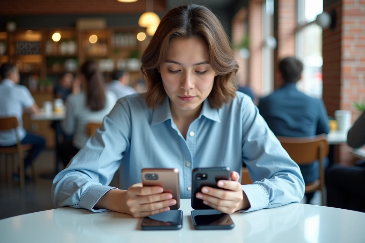 Femme comparant un Google Pixel 8a avec un smartphone concurrent sur une table de café en 2026