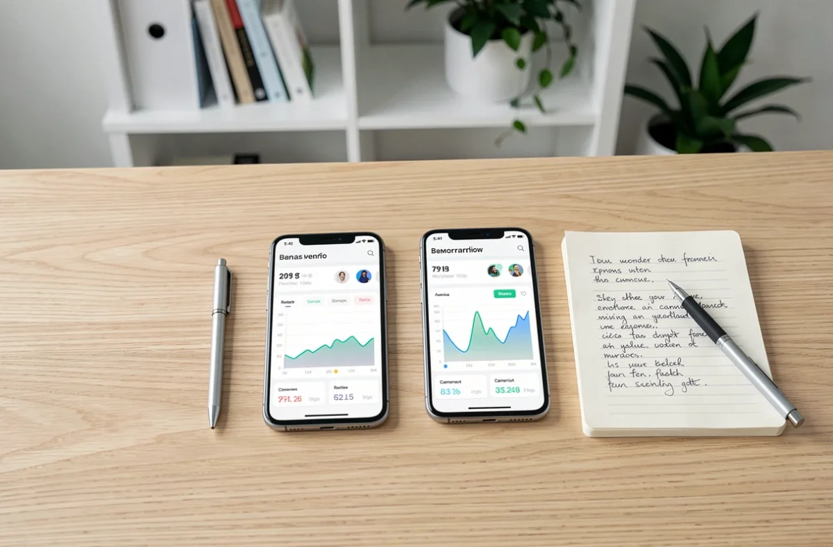 Comparaison de deux smartphones à 200 euros posés sur un bureau avec des notes et scores de performances