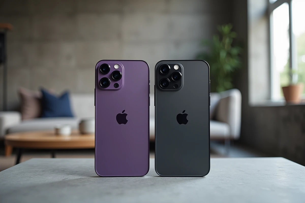 Comparatif de deux iPhone 14 Pro reconditionnés en coloris Deep Purple et Space Black posés sur une surface en béton