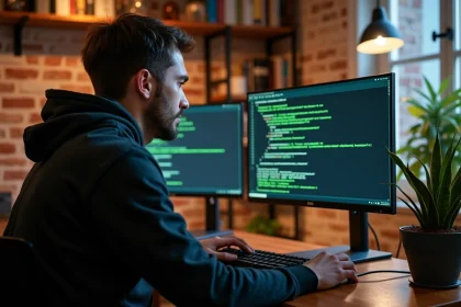 Jeune développeur configurant des plugins sur un serveur Minecraft depuis son bureau à domicile avec deux écrans affichant des fichiers de configuration