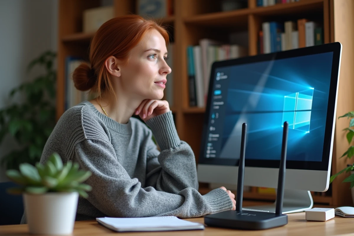 Femme configurant les paramètres réseau et les adresses IP privées depuis son bureau à domicile