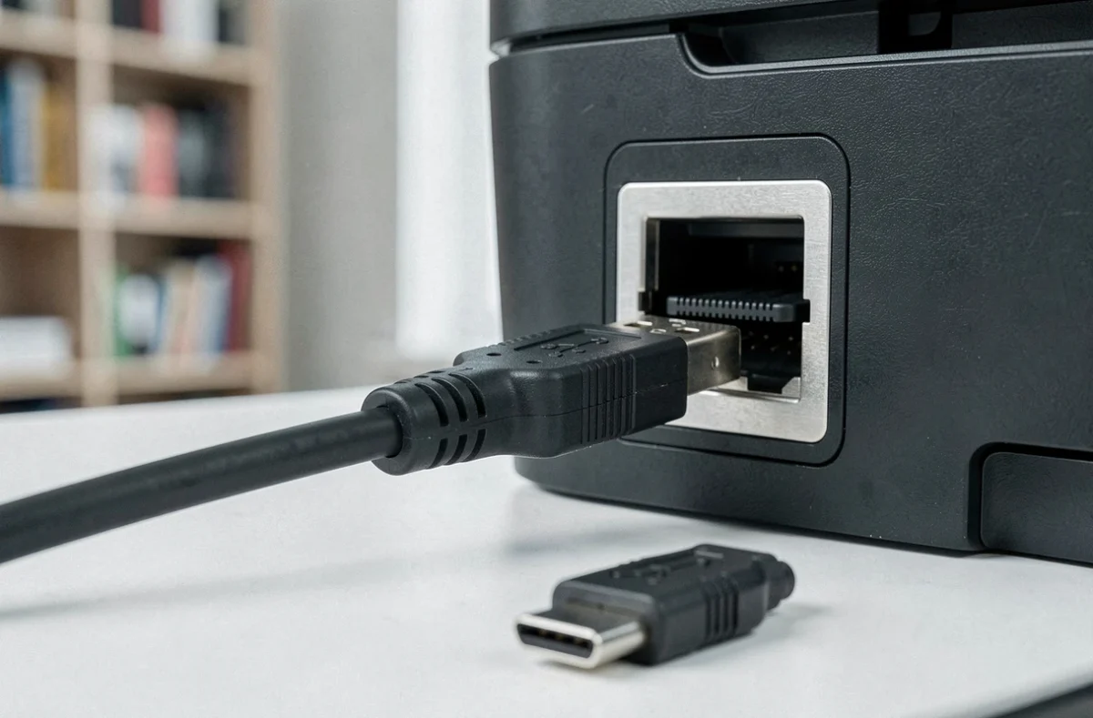 Gros plan sur un connecteur USB-B branché sur un port d'imprimante avec câble USB-C visible