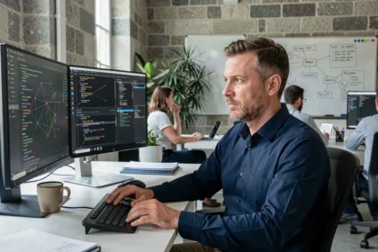 Consultant en cybersécurité analysant des données de sécurité réseau sur double écran dans un bureau moderne en Bretagne