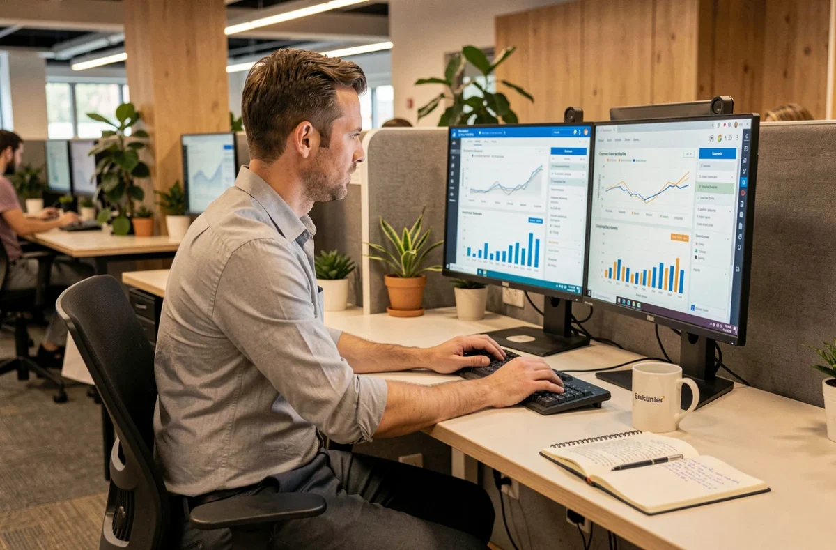 Consultant en systèmes d'information analysant des données comparatives sur le marché des ESN françaises depuis un espace de coworking moderne