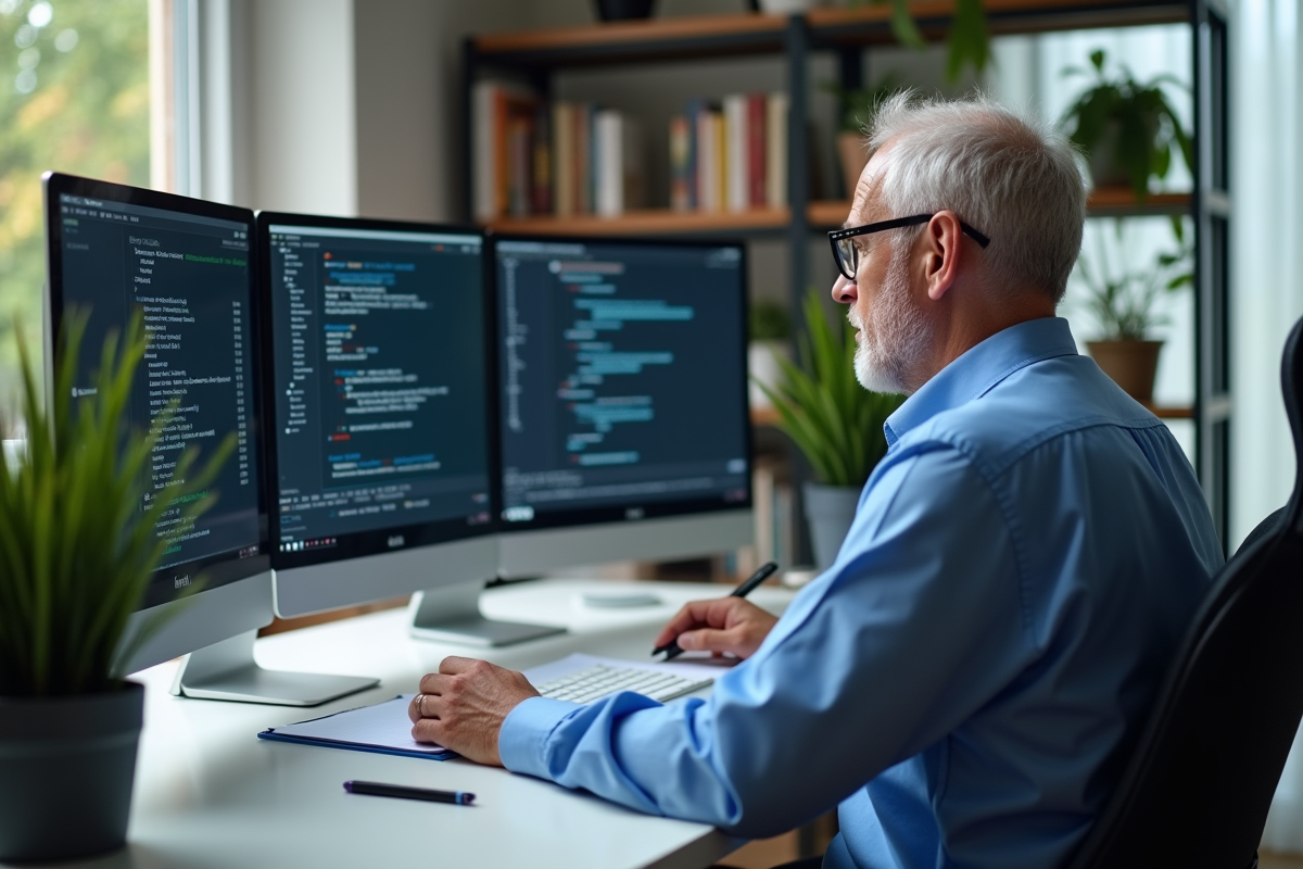 Consultant informatique analysant plusieurs écrans dans un bureau à domicile