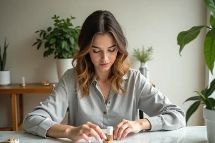Femme arrangeant des produits cosmétiques pour une fiche produit e-commerce sur un bureau en bois blanc
