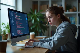 Jeune développeuse web débutante repérant des erreurs dans son code HTML sur un laptop dans un bureau à domicile
