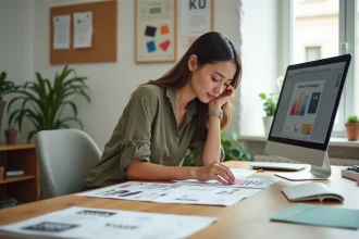 Designer graphique analysant des maquettes de logos avec typographies et palettes de couleurs sur un bureau en bois en studio