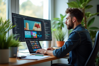 Designer web travaillant sur un ordinateur portable lumineux