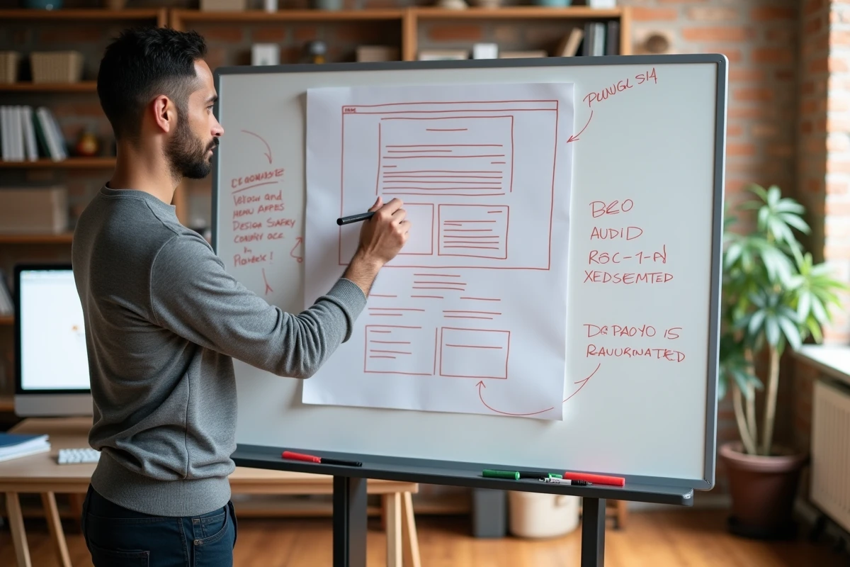 Designer UX annotant un wireframe avec une popup et des notes d'audit SEO sur un tableau blanc en studio