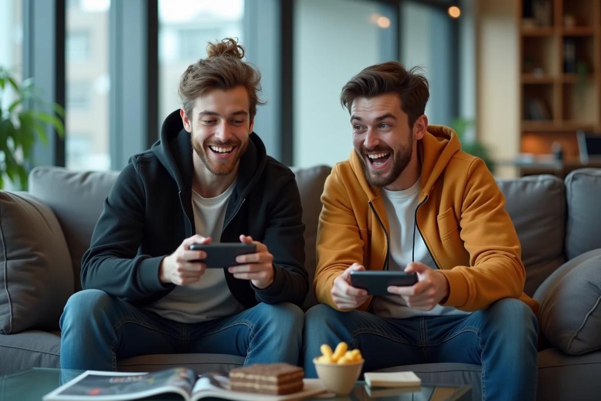 Deux gamers comparant les performances de leurs téléphones Google Pixel dans un salon moderne