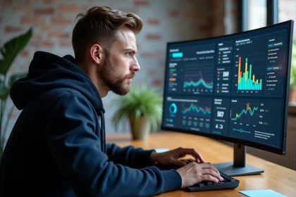 Développeur analysant des métriques de performance réseau et de latence sur un tableau de bord d'optimisation de ping